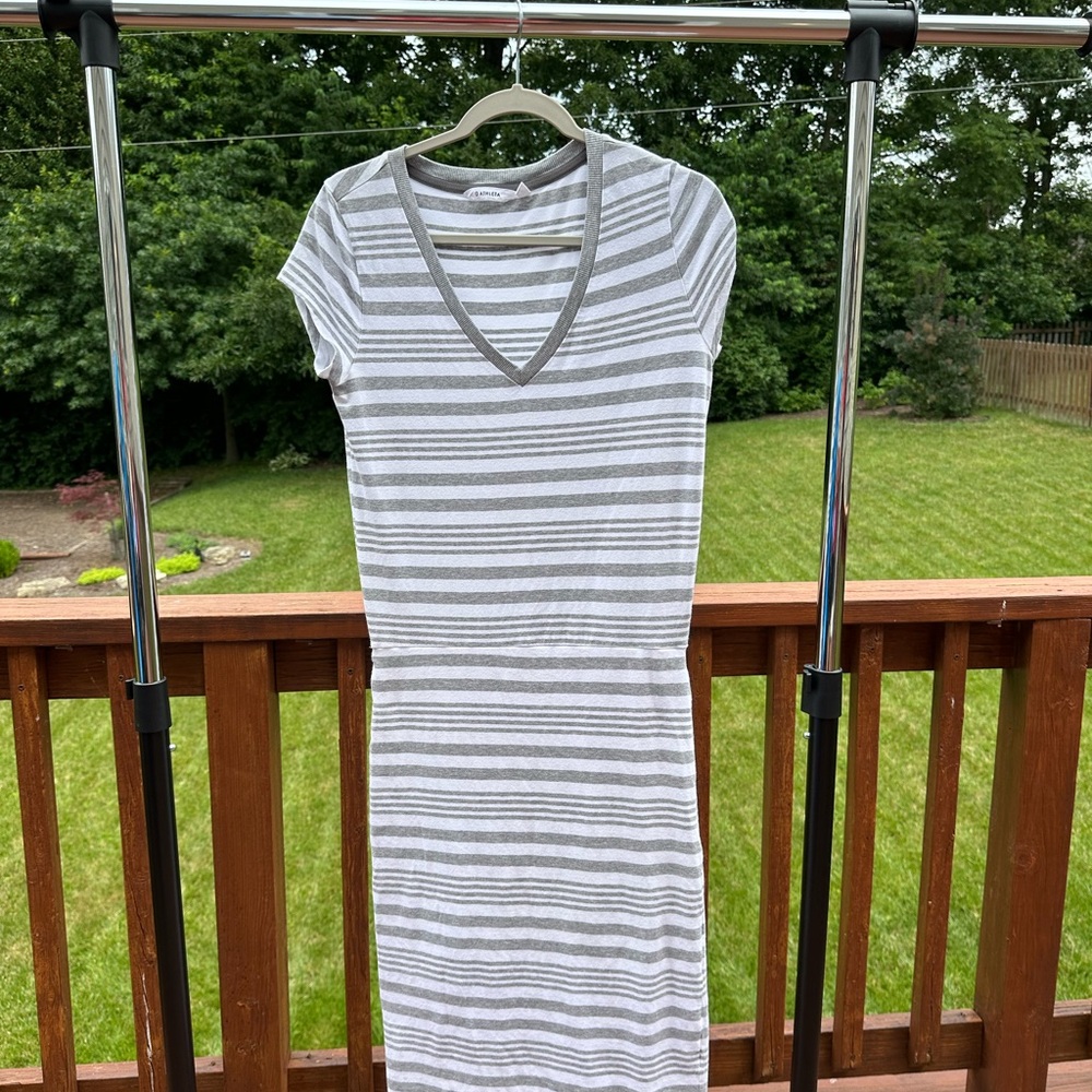 Athleta Gray and White Striped Maxi Dress